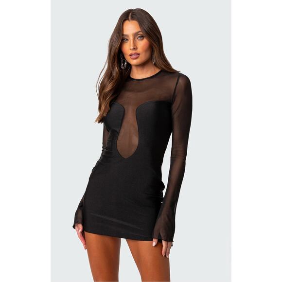 Edikted black mesh long sleeve mini dress - Picture 1 of 8